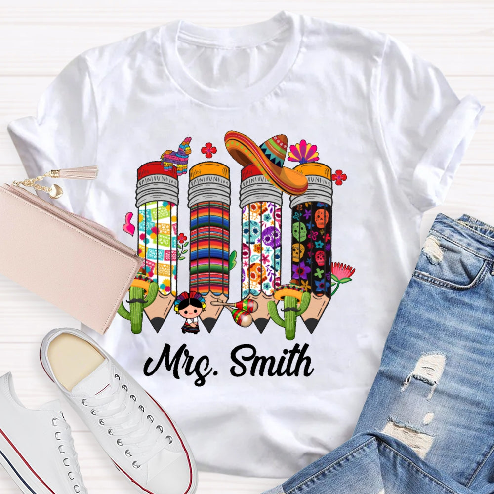 Personalized Name Bilingual Teacher Pencil T-shirt