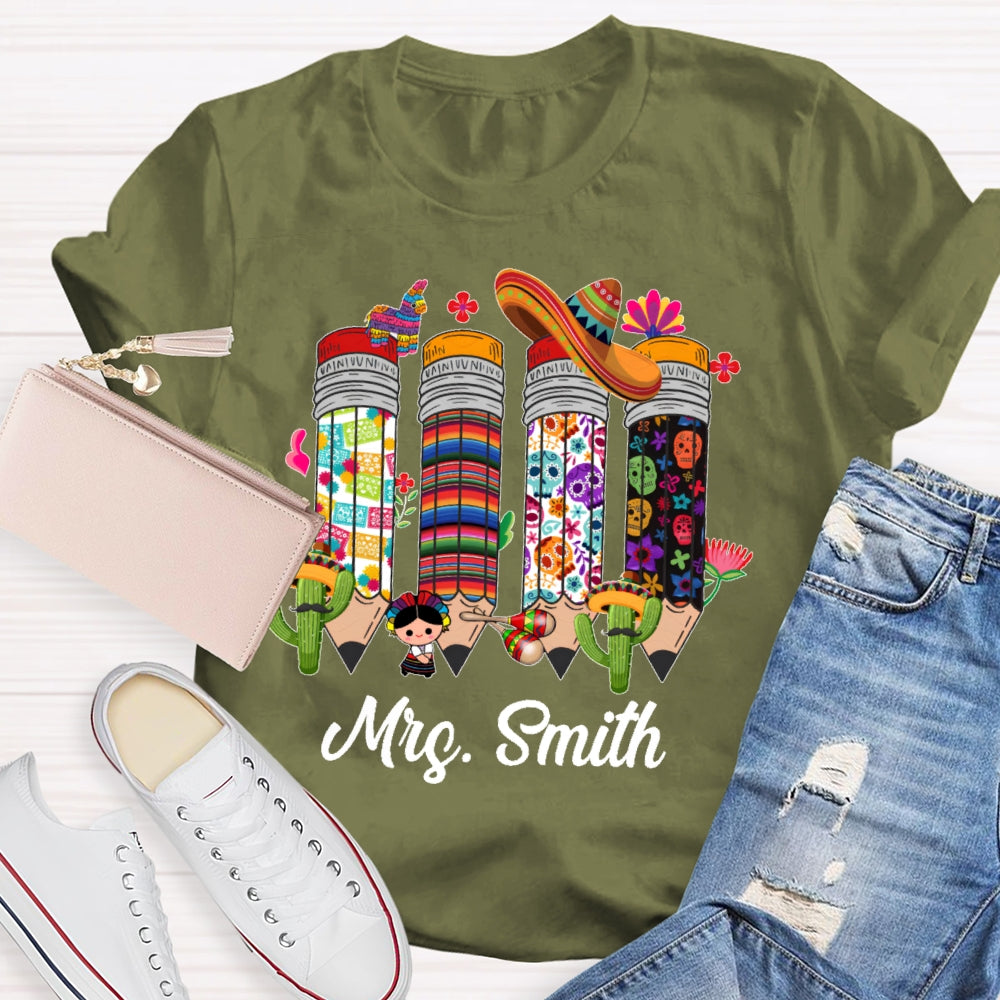 Personalized Name Bilingual Teacher Pencil T-shirt
