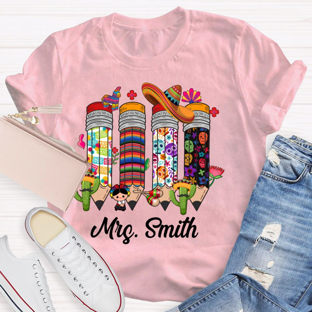 Personalized Name Bilingual Teacher Pencil T-shirt