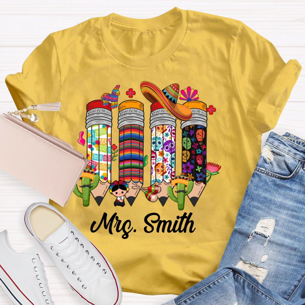 Personalized Name Bilingual Teacher Pencil T-shirt