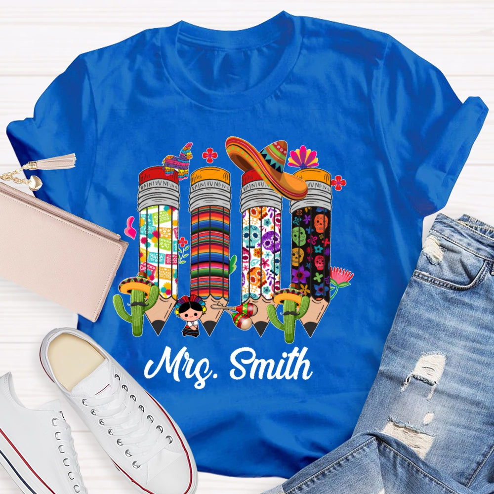 Personalized Name Bilingual Teacher Pencil T-shirt