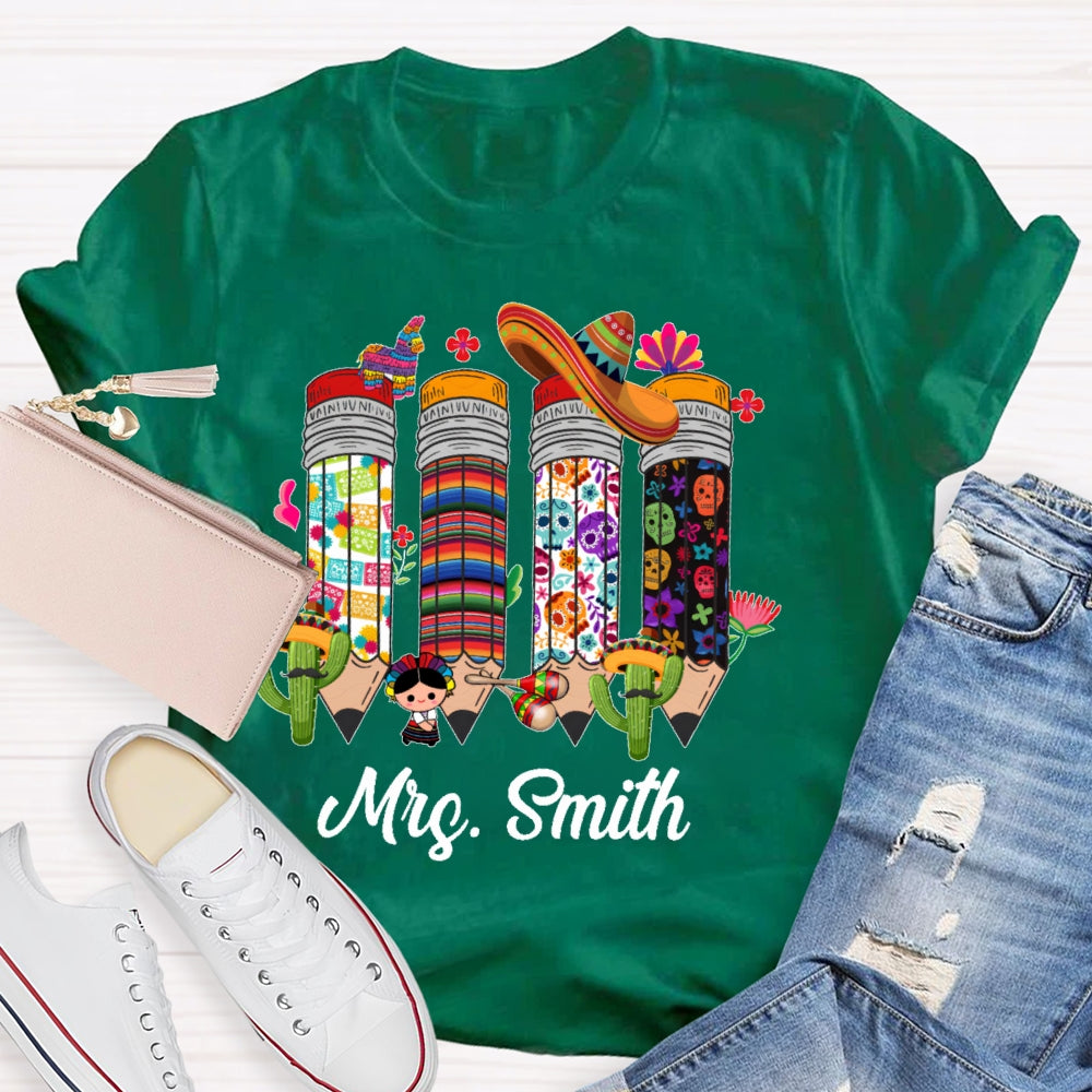 Personalized Name Bilingual Teacher Pencil T-shirt