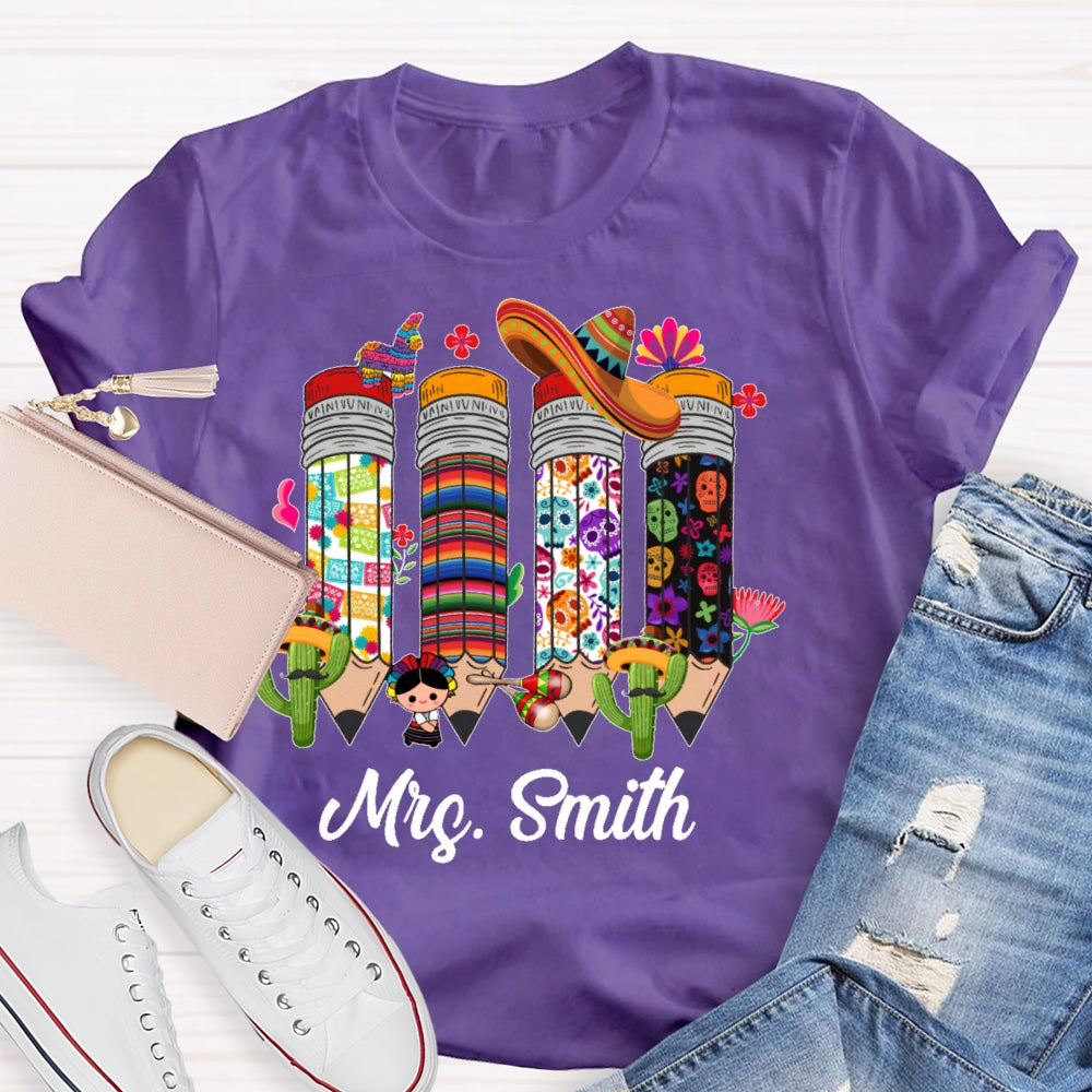 Personalized Name Bilingual Teacher Pencil T-shirt