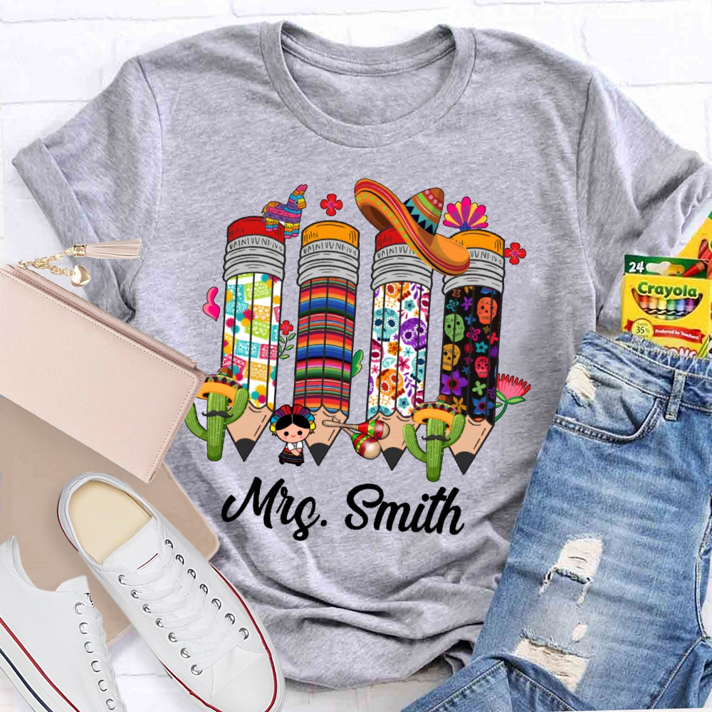 Personalized Name Bilingual Teacher Pencil T-shirt