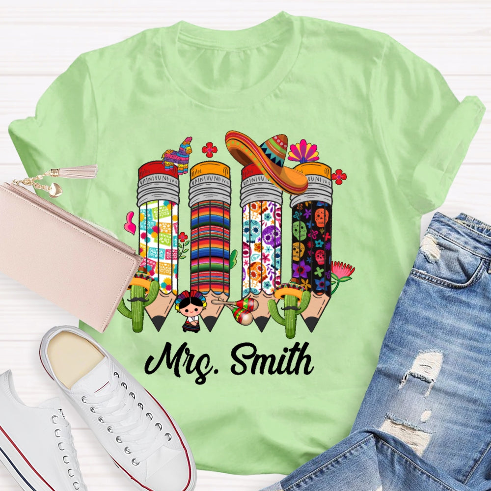 Personalized Name Bilingual Teacher Pencil T-shirt
