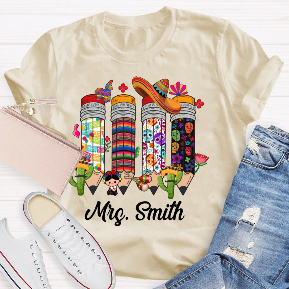 Personalized Name Bilingual Teacher Pencil T-shirt