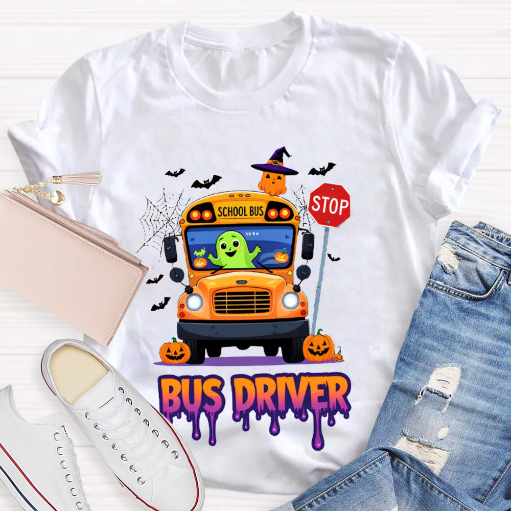 School Bus Driver Pumpkin And Scary Halloween Font T-shirt