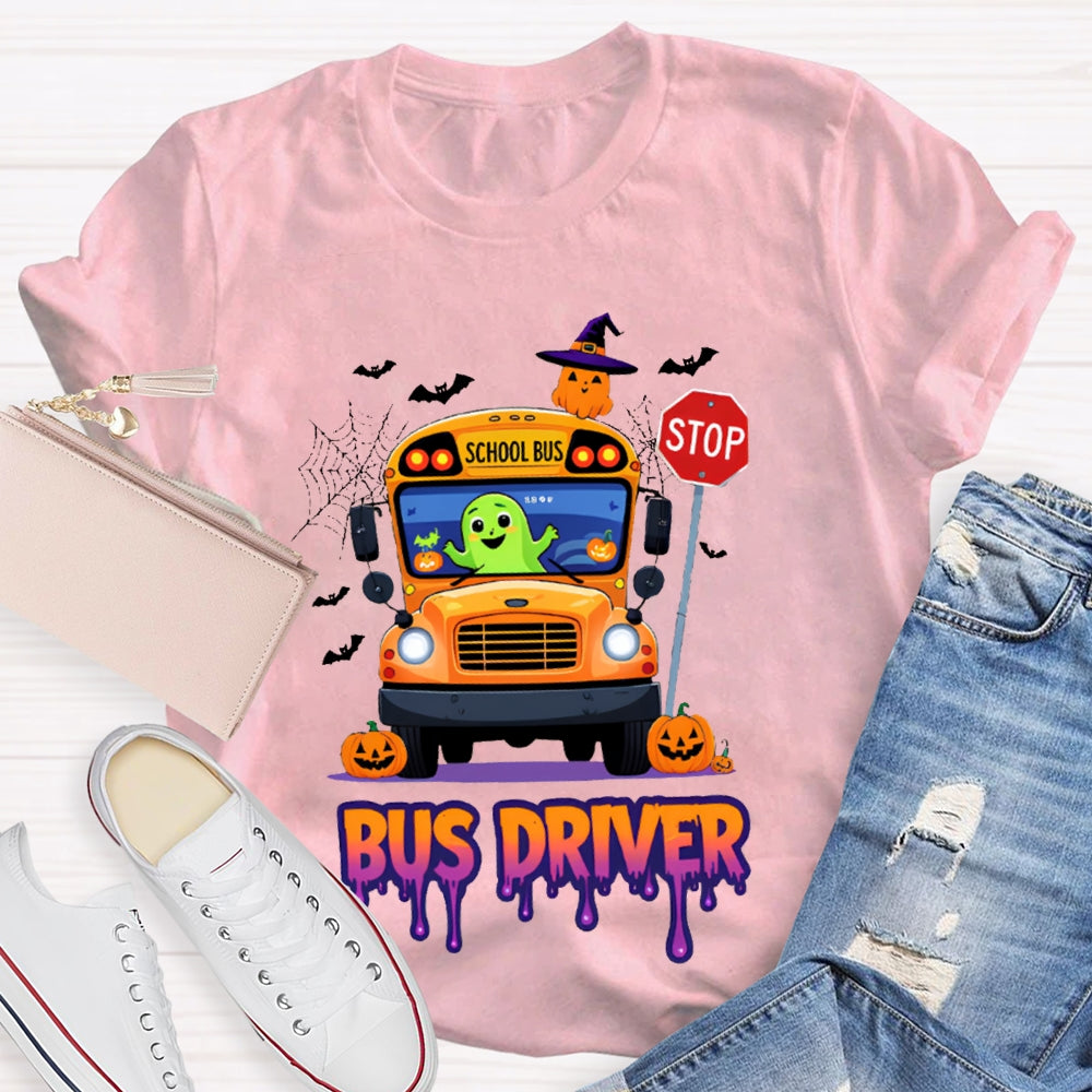 School Bus Driver Pumpkin And Scary Halloween Font T-shirt