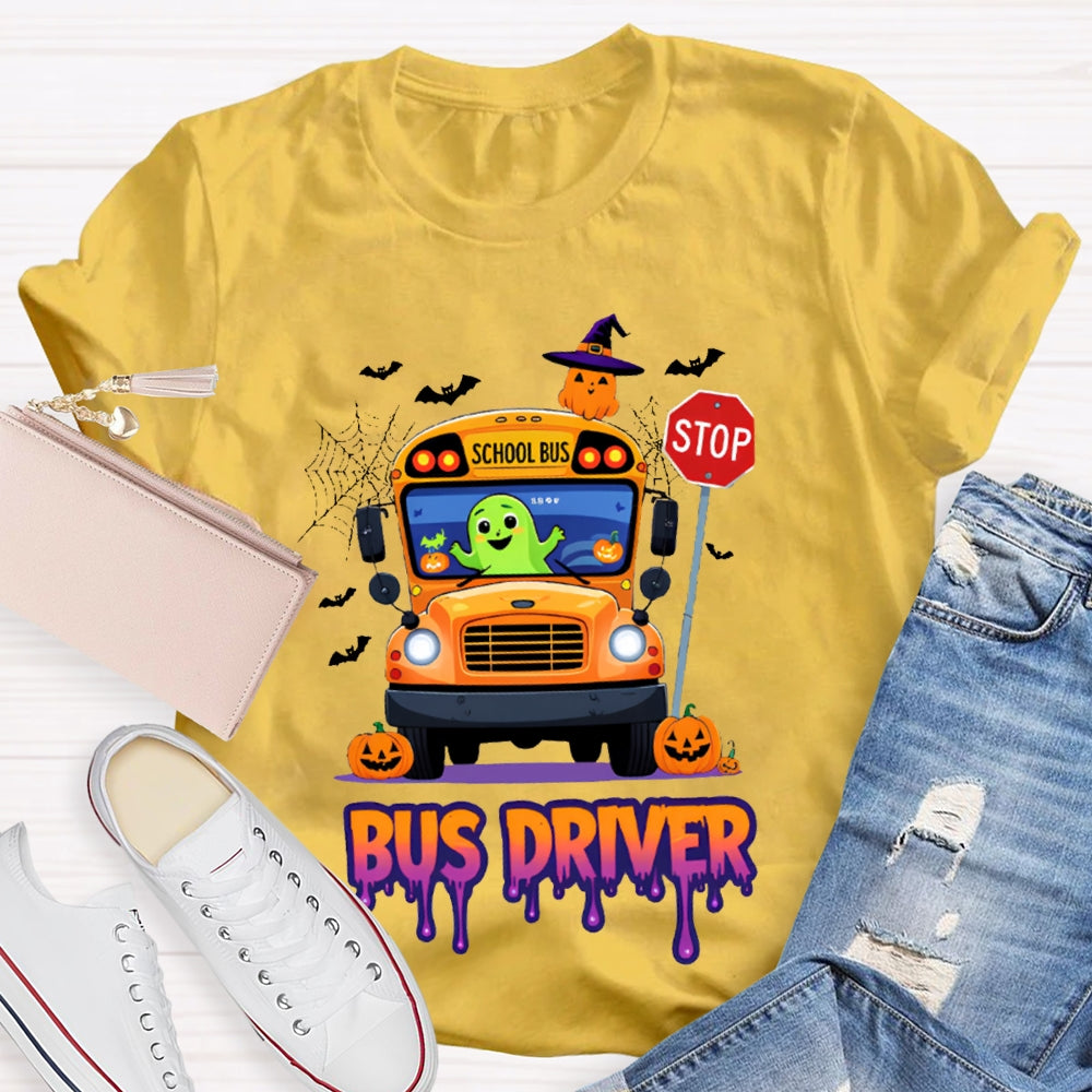 School Bus Driver Pumpkin And Scary Halloween Font T-shirt