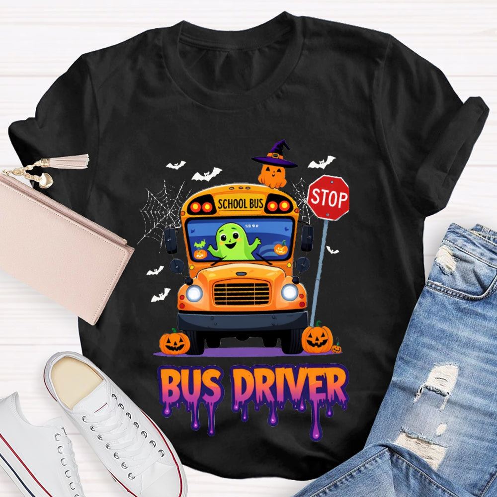 School Bus Driver Pumpkin And Scary Halloween Font T-shirt
