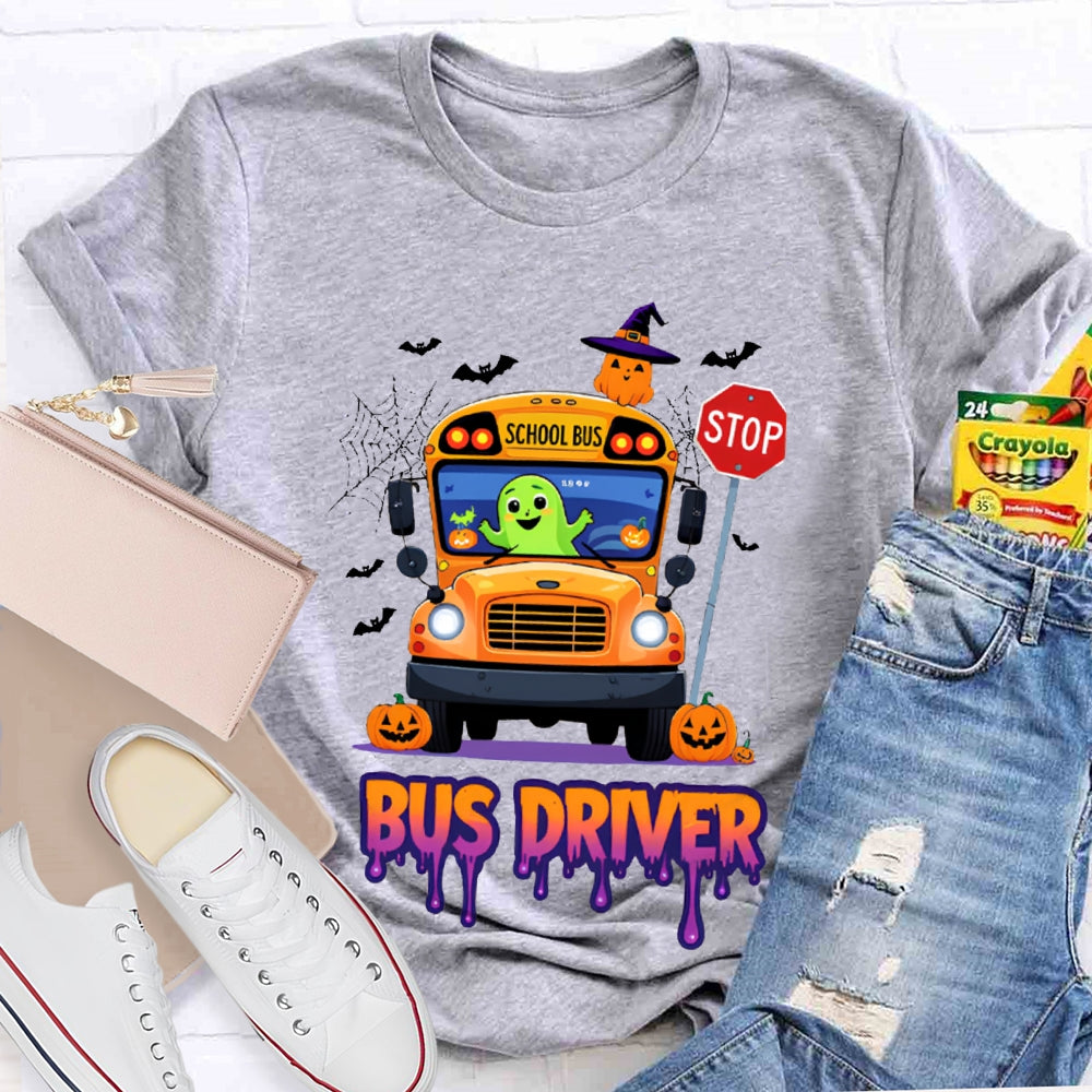 School Bus Driver Pumpkin And Scary Halloween Font T-shirt