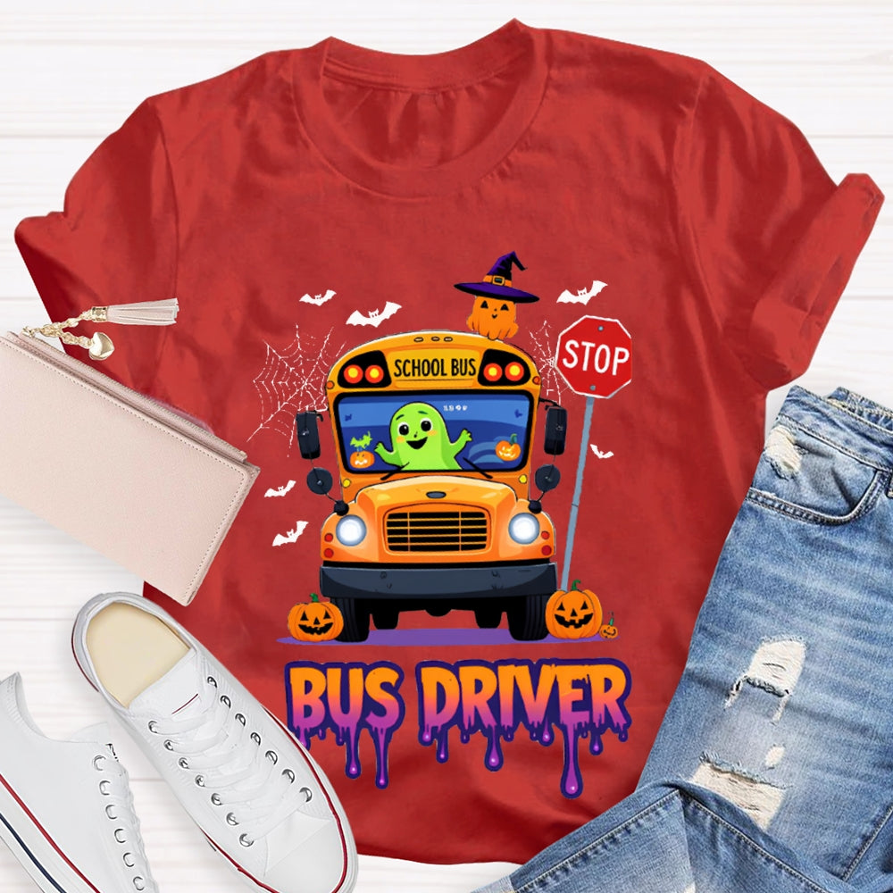School Bus Driver Pumpkin And Scary Halloween Font T-shirt