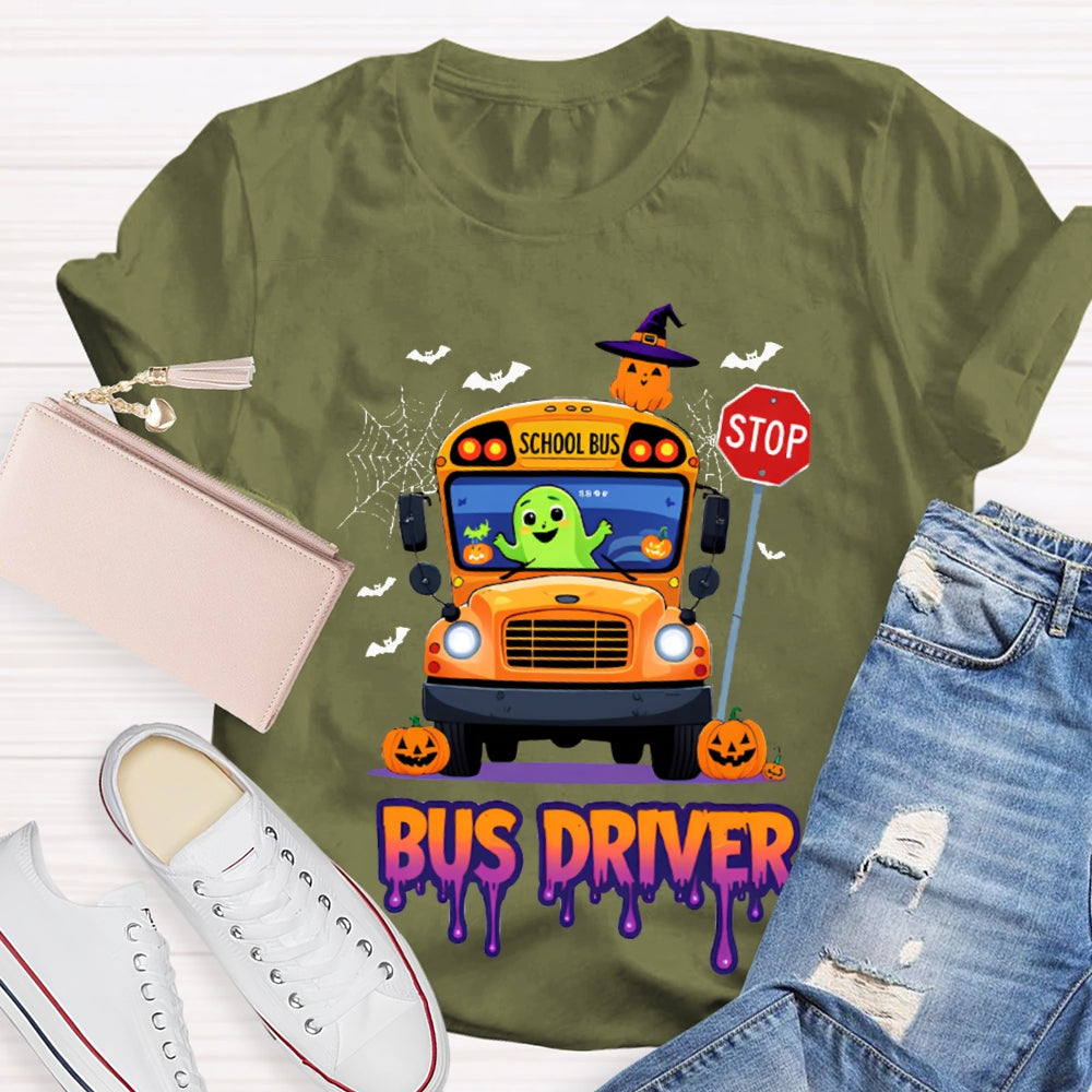 School Bus Driver Pumpkin And Scary Halloween Font T-shirt