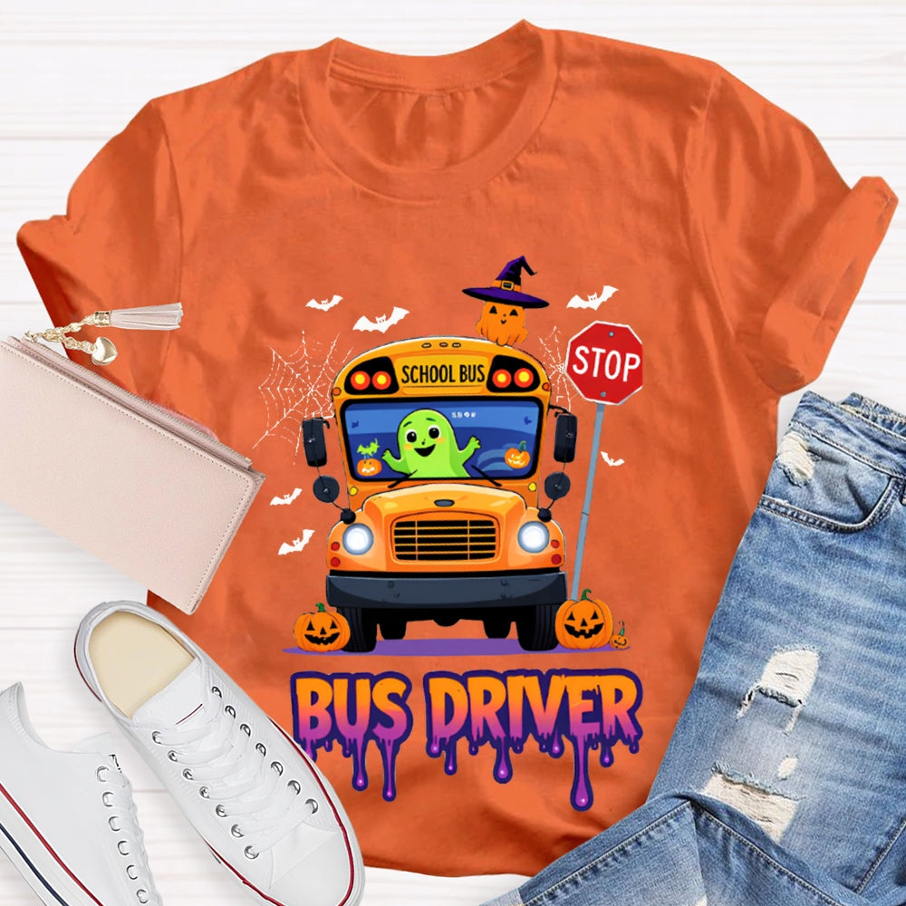 School Bus Driver Pumpkin And Scary Halloween Font T-shirt