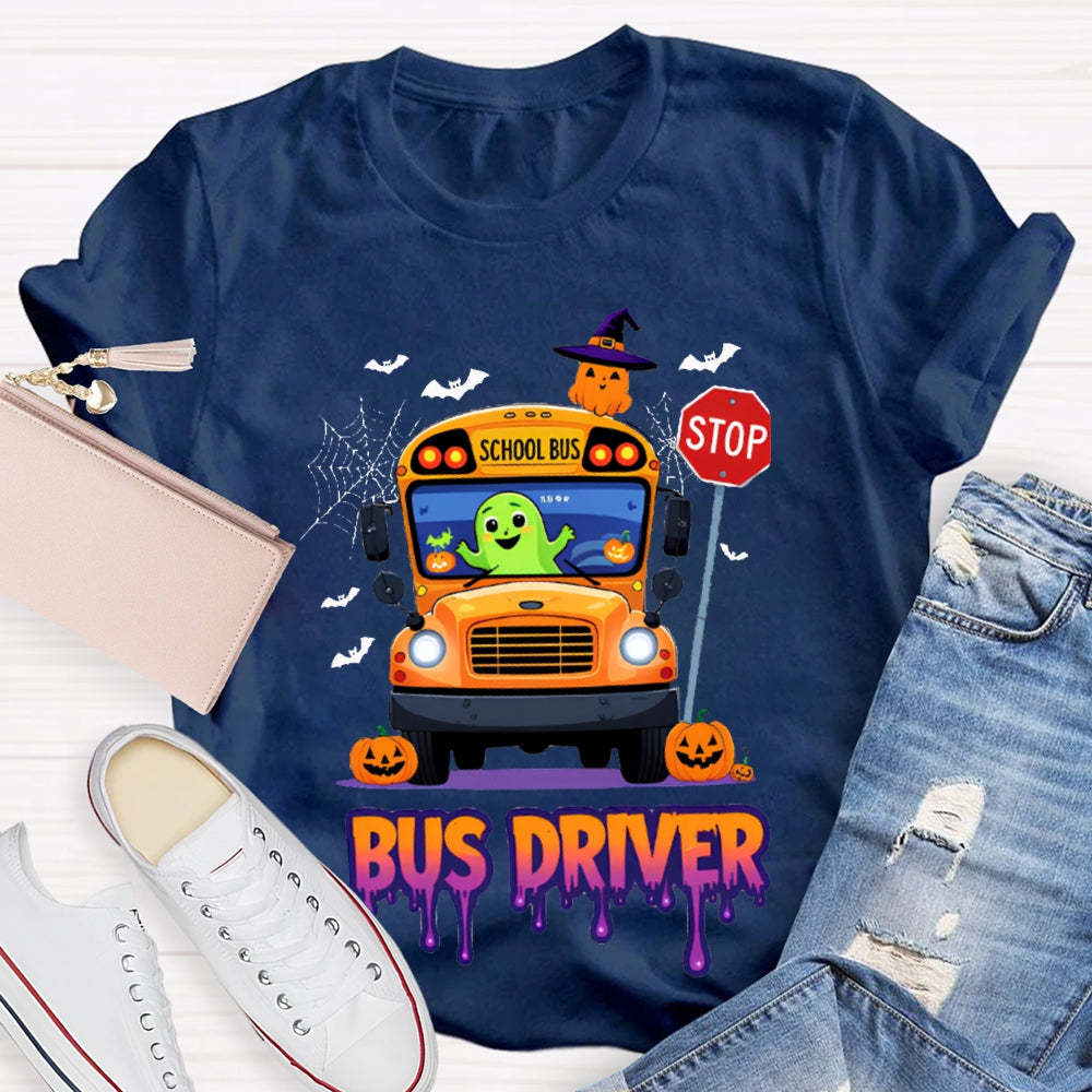 School Bus Driver Pumpkin And Scary Halloween Font T-shirt