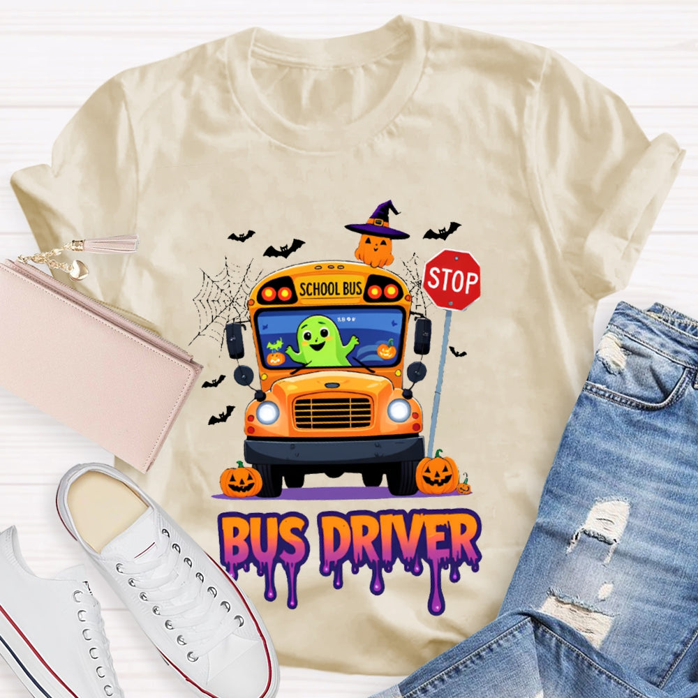 School Bus Driver Pumpkin And Scary Halloween Font T-shirt