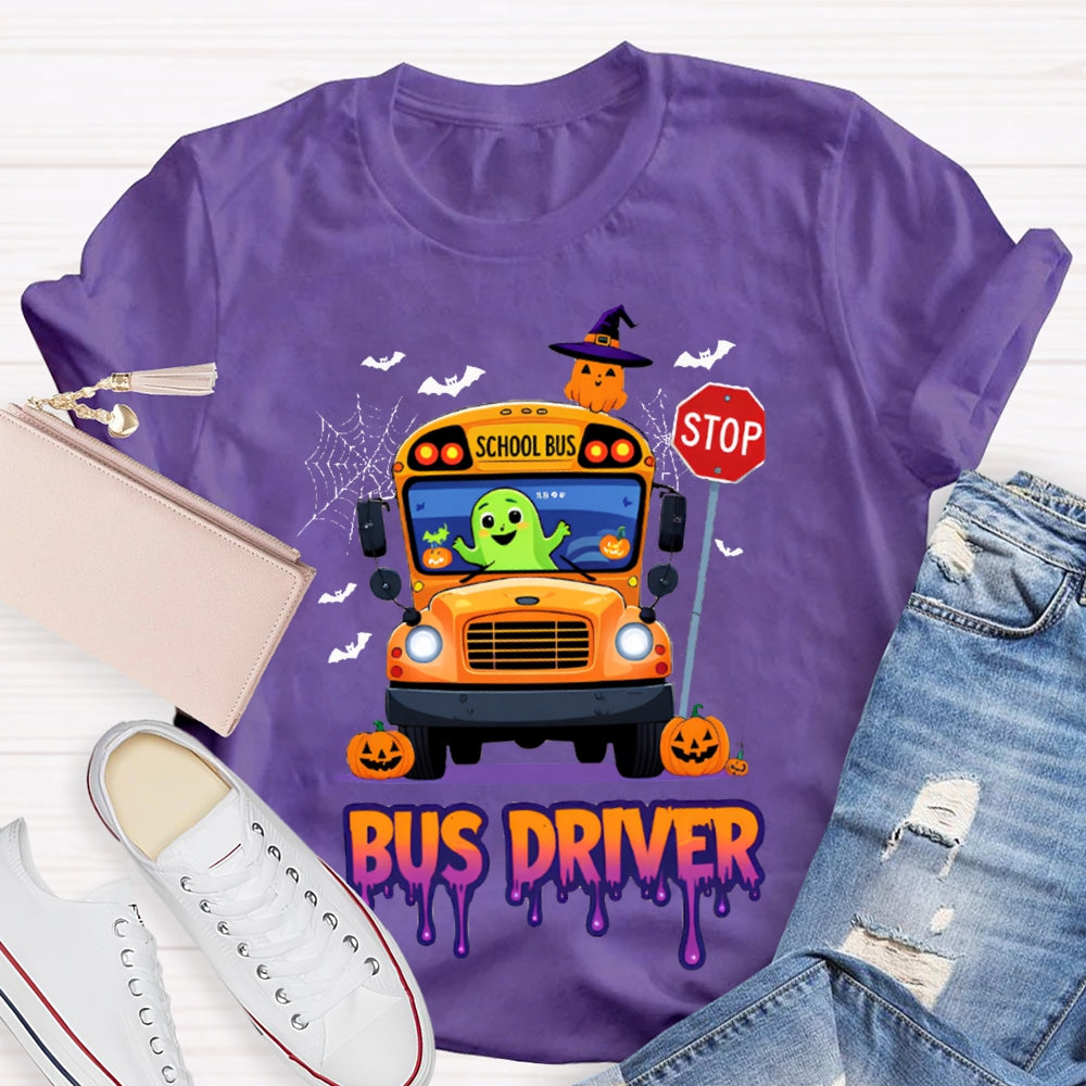 School Bus Driver Pumpkin And Scary Halloween Font T-shirt