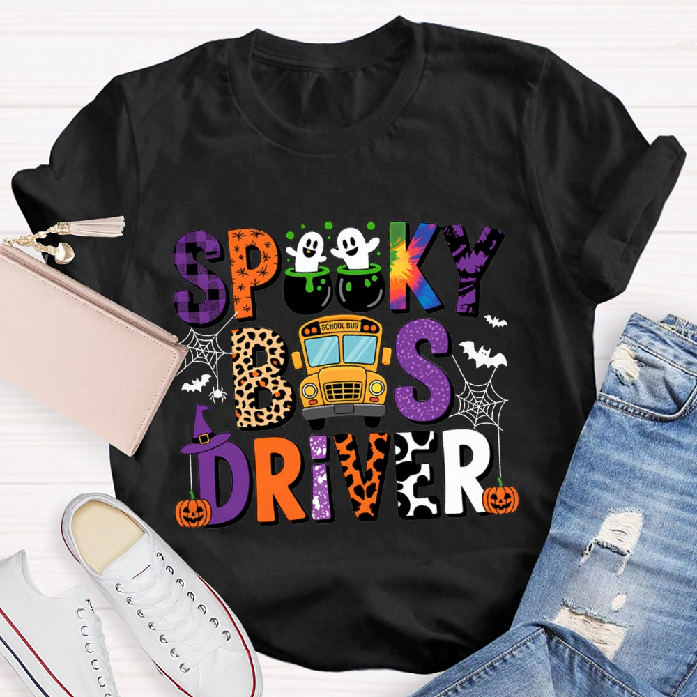 Spooky School Bus Driver Colorful And Leopard Print Font Halloween T-shirt