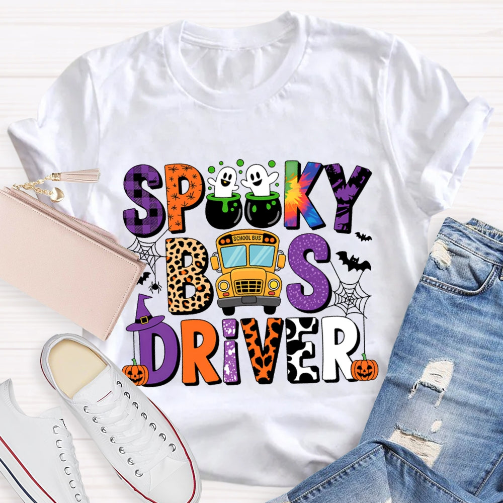 Spooky School Bus Driver Colorful And Leopard Print Font Halloween T-shirt