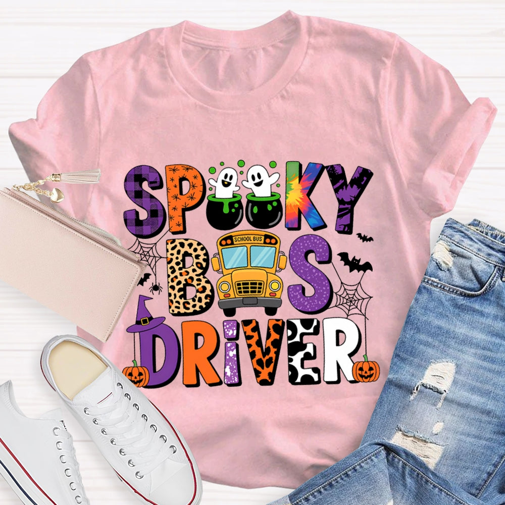 Spooky School Bus Driver Colorful And Leopard Print Font Halloween T-shirt