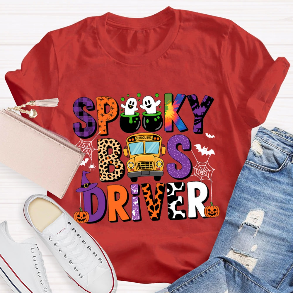 Spooky School Bus Driver Colorful And Leopard Print Font Halloween T-shirt