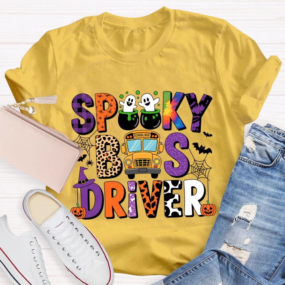 Spooky School Bus Driver Colorful And Leopard Print Font Halloween T-shirt