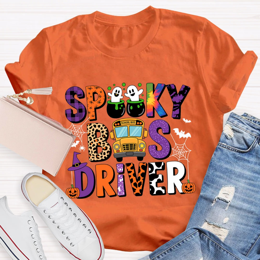Spooky School Bus Driver Colorful And Leopard Print Font Halloween T-shirt