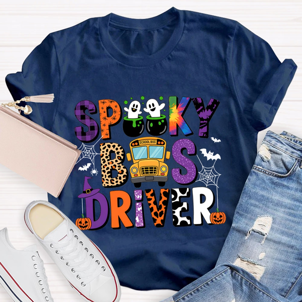 Spooky School Bus Driver Colorful And Leopard Print Font Halloween T-shirt
