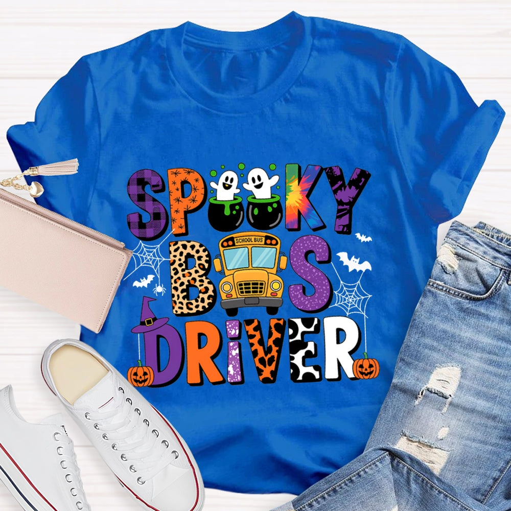Spooky School Bus Driver Colorful And Leopard Print Font Halloween T-shirt
