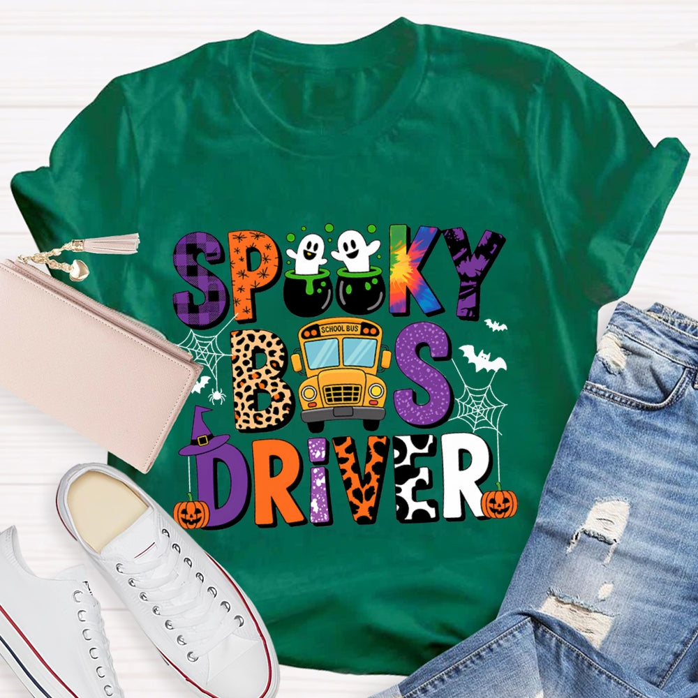 Spooky School Bus Driver Colorful And Leopard Print Font Halloween T-shirt