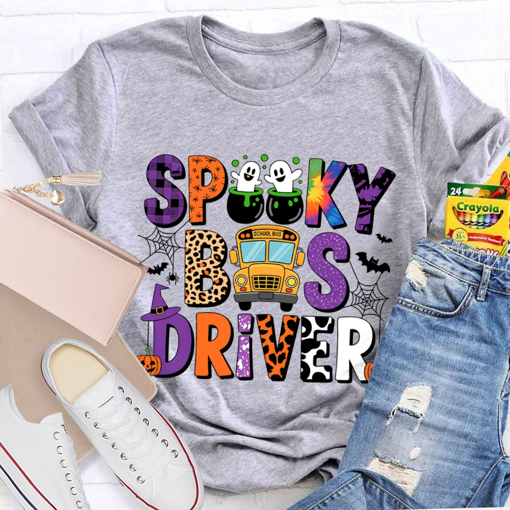 Spooky School Bus Driver Colorful And Leopard Print Font Halloween T-shirt
