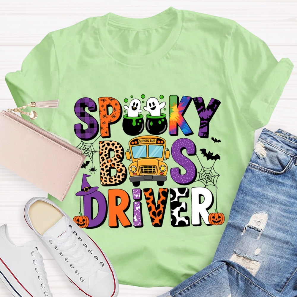 Spooky School Bus Driver Colorful And Leopard Print Font Halloween T-shirt