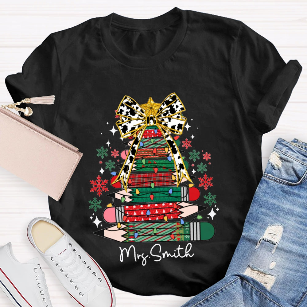Personalized Name Bow And Colored Pencil Colored Christmas Tree Christmas T-shirt