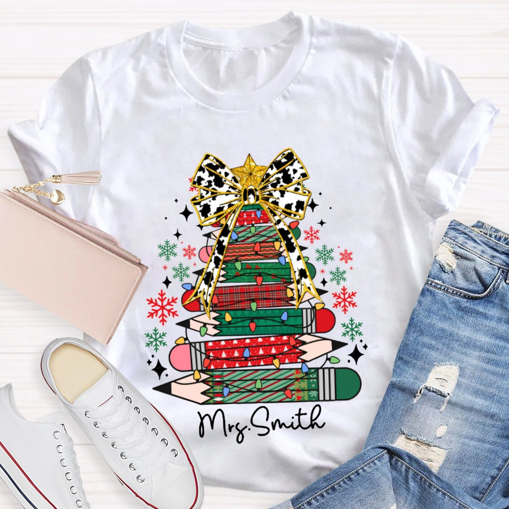 Personalized Name Bow And Colored Pencil Colored Christmas Tree Christmas T-shirt
