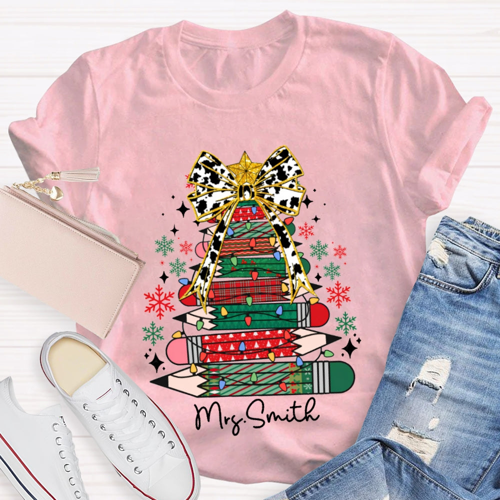 Personalized Name Bow And Colored Pencil Colored Christmas Tree Christmas T-shirt