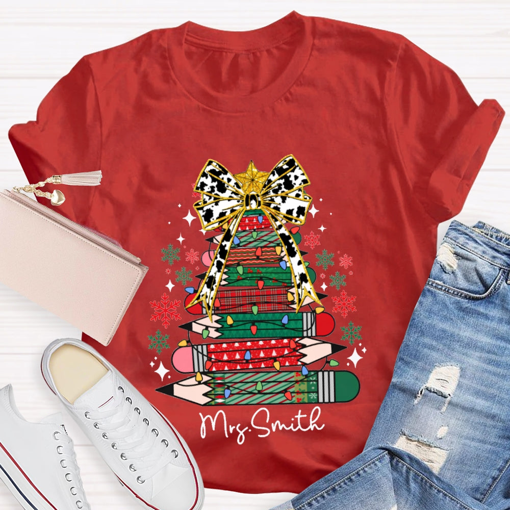 Personalized Name Bow And Colored Pencil Colored Christmas Tree Christmas T-shirt