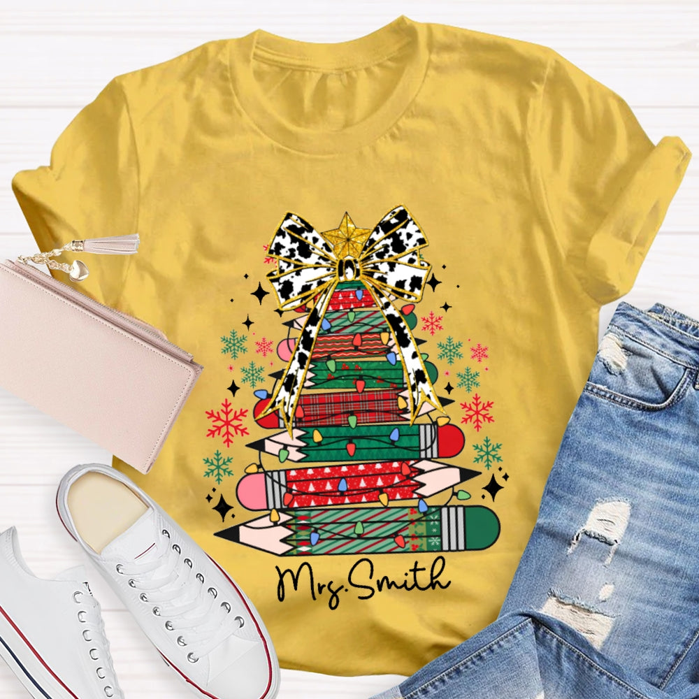 Personalized Name Bow And Colored Pencil Colored Christmas Tree Christmas T-shirt