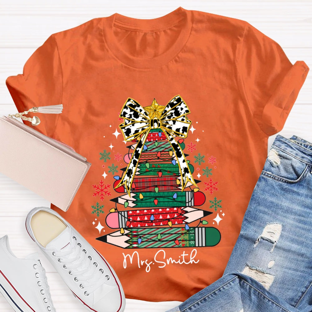 Personalized Name Bow And Colored Pencil Colored Christmas Tree Christmas T-shirt