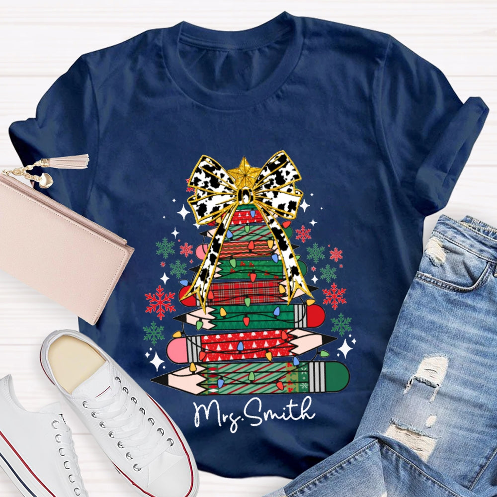 Personalized Name Bow And Colored Pencil Colored Christmas Tree Christmas T-shirt