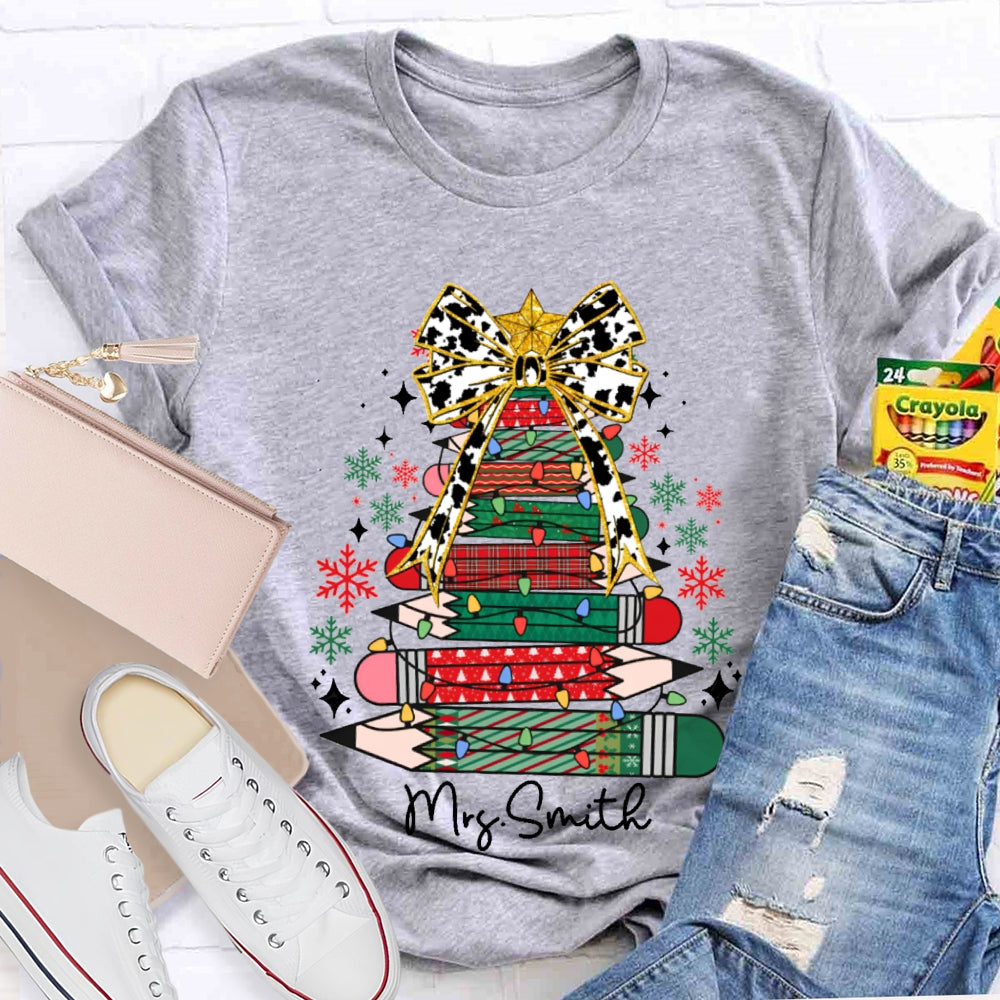 Personalized Name Bow And Colored Pencil Colored Christmas Tree Christmas T-shirt