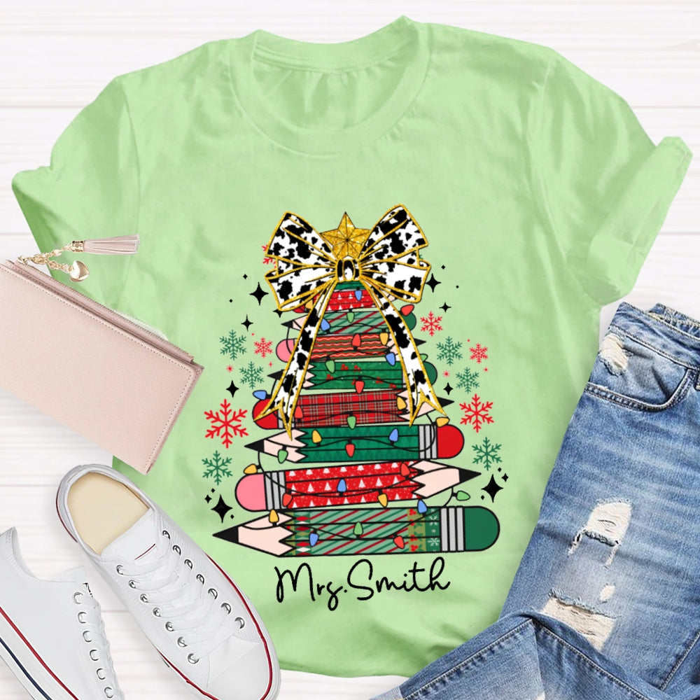 Personalized Name Bow And Colored Pencil Colored Christmas Tree Christmas T-shirt