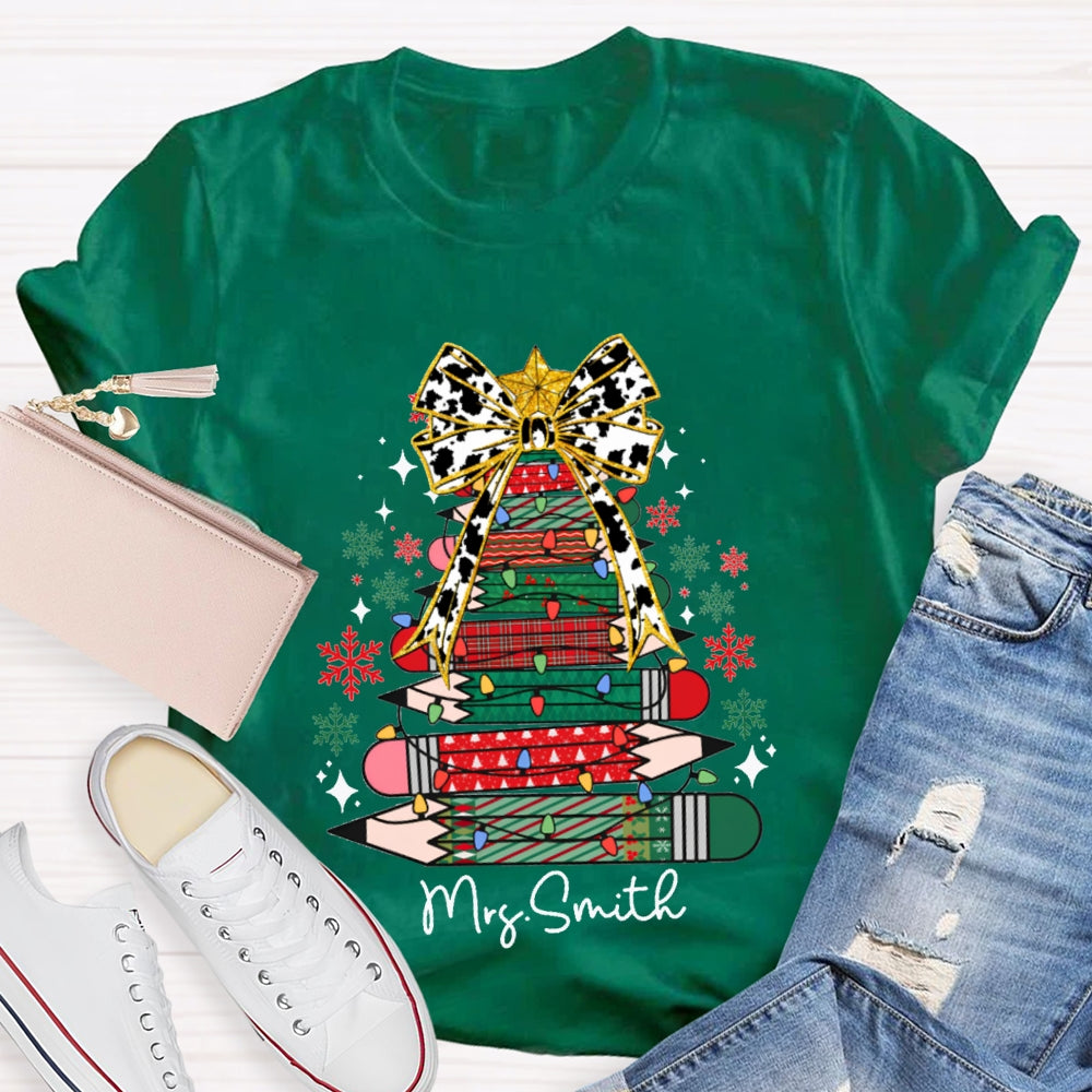 Personalized Name Bow And Colored Pencil Colored Christmas Tree Christmas T-shirt