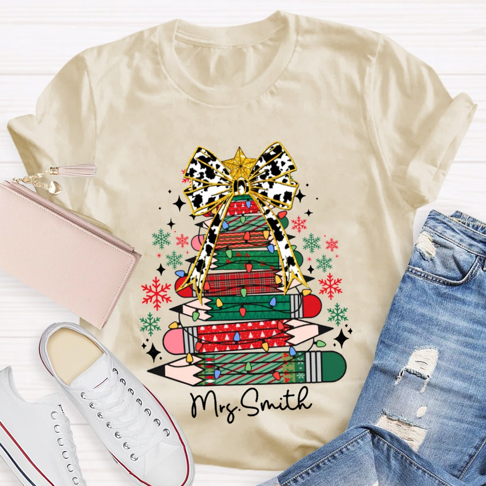 Personalized Name Bow And Colored Pencil Colored Christmas Tree Christmas T-shirt