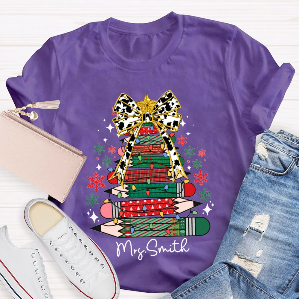 Personalized Name Bow And Colored Pencil Colored Christmas Tree Christmas T-shirt
