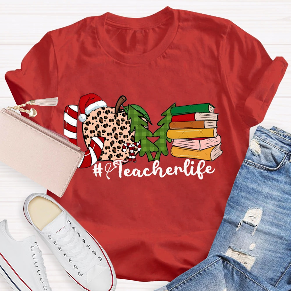 Love Teacher Life Leopard Print Apples And Christmas Tree T-shirt