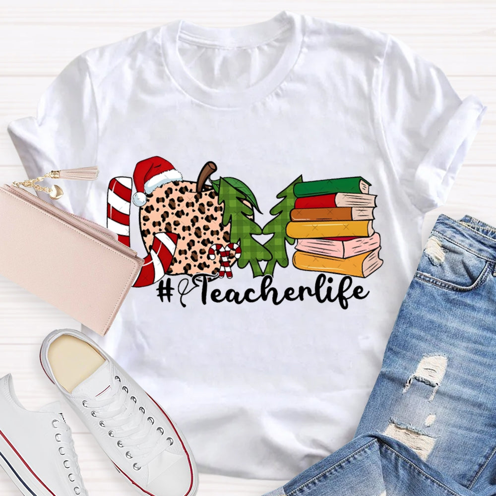 Love Teacher Life Leopard Print Apples And Christmas Tree T-shirt