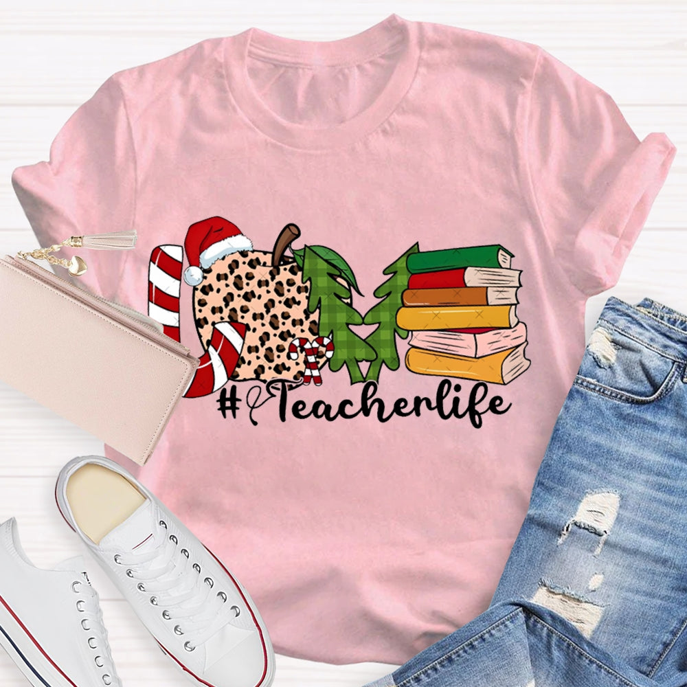 Love Teacher Life Leopard Print Apples And Christmas Tree T-shirt