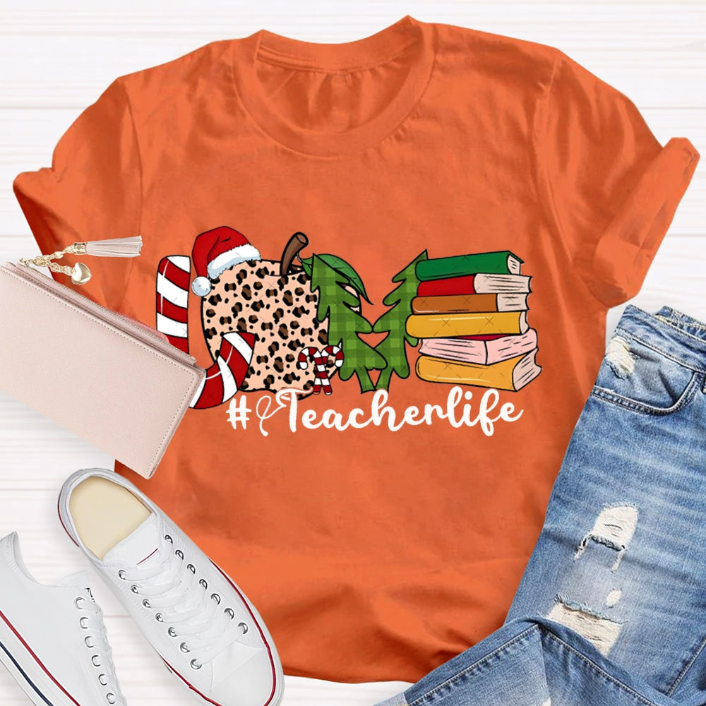 Love Teacher Life Leopard Print Apples And Christmas Tree T-shirt