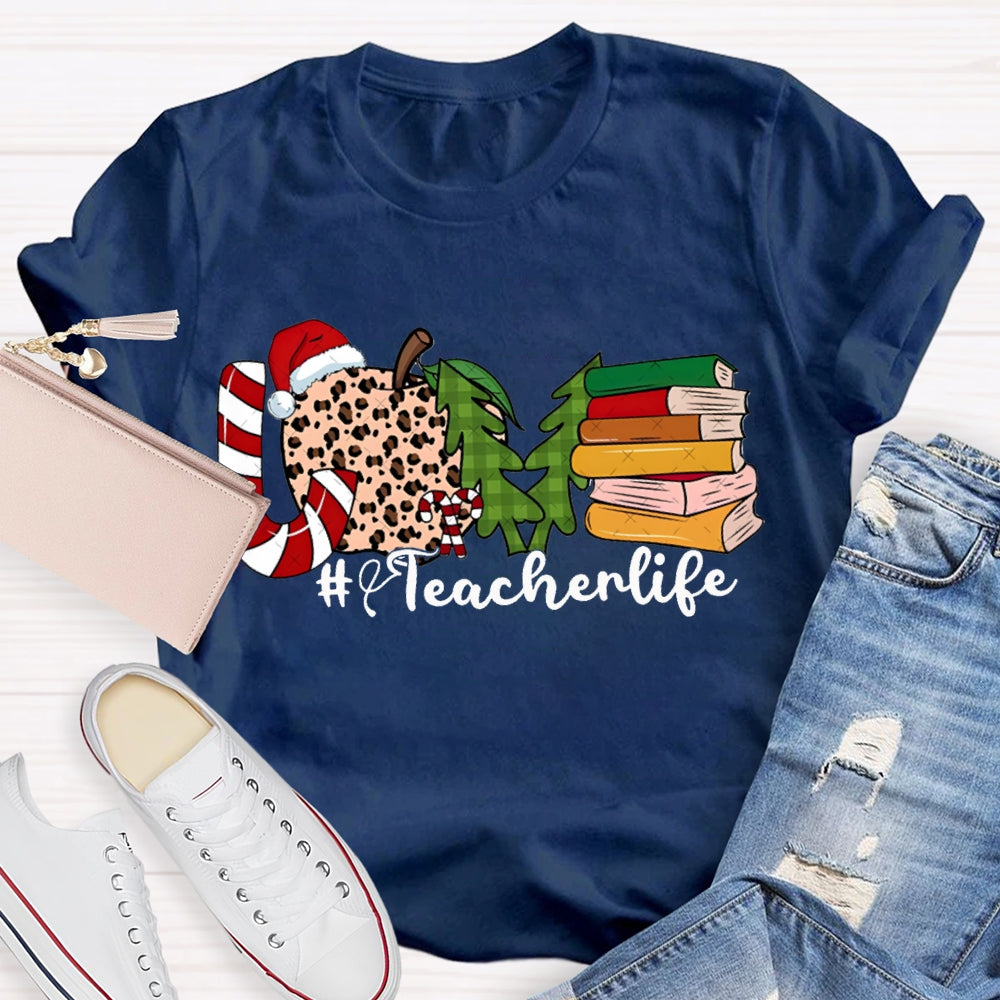 Love Teacher Life Leopard Print Apples And Christmas Tree T-shirt