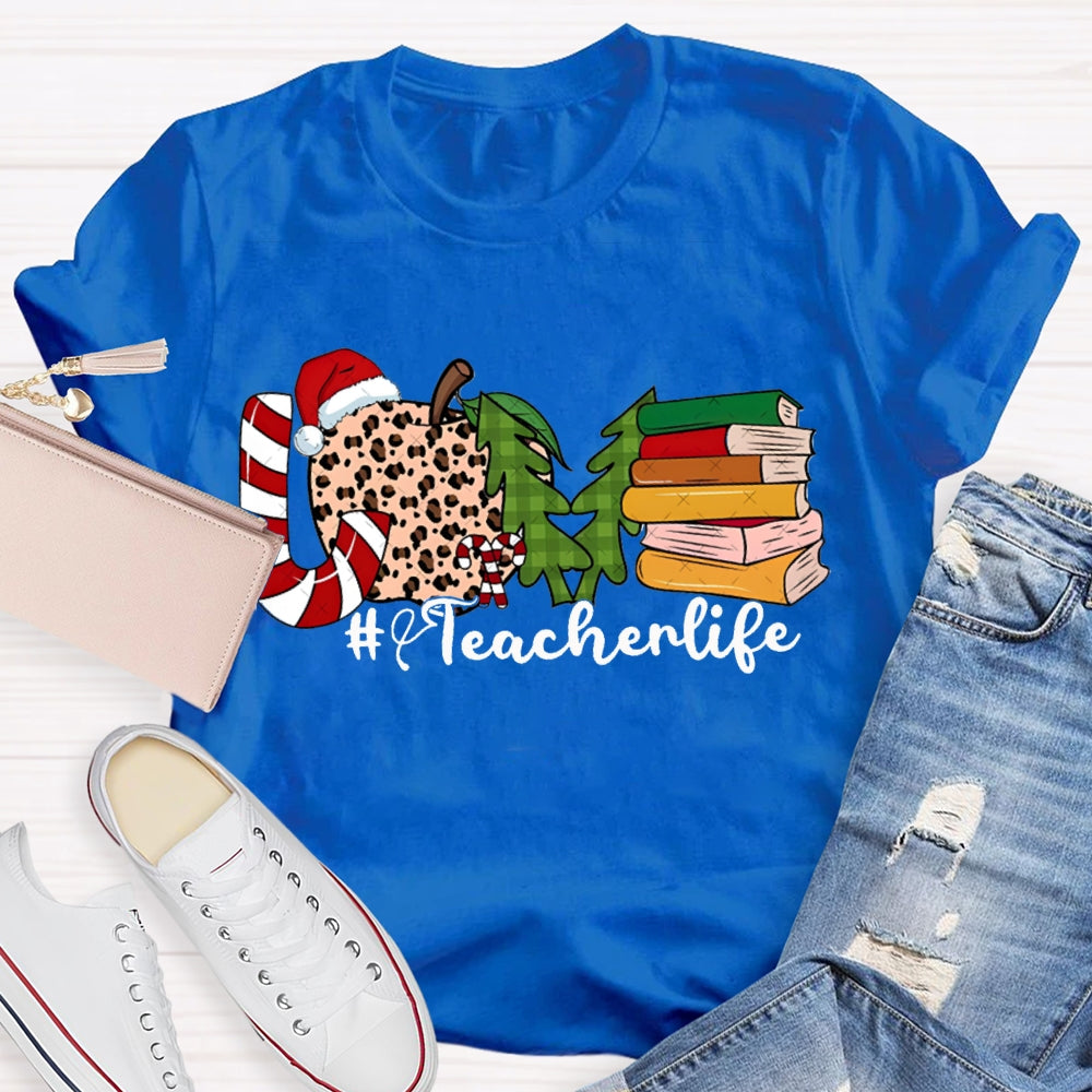 Love Teacher Life Leopard Print Apples And Christmas Tree T-shirt